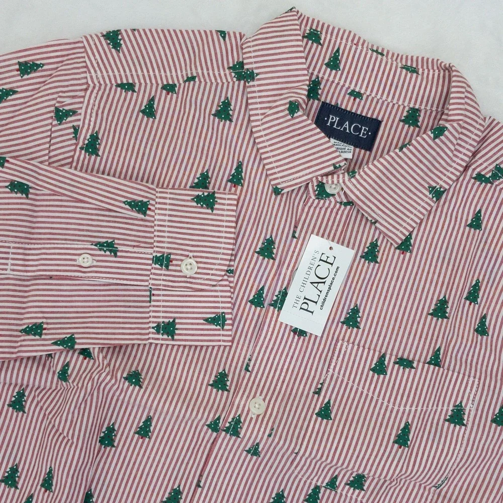 Childrens Place Button Down Shirt Kids Size 14 XL Red Striped Christmas Tree New